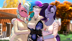 Size: 1920x1080 | Tagged: safe, artist:anthroponiessfm, imported from derpibooru, oc, oc only, oc:aurora starling, oc:raven storm, oc:sugar floss, anthro, kirin, 3d, anthro oc, breasts, clothes, cute, eyes closed, female, group hug, hug, kirin oc, source filmmaker, sweater, trio, wholesome, zebra print