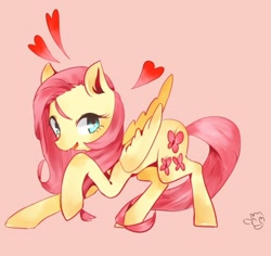 Size: 600x567 | Tagged: safe, artist:bbomi322, imported from derpibooru, fluttershy, pegasus, pony, cute, digital art, female, floating heart, full body, heart, looking at you, looking sideways, mare, open mouth, open smile, raised hoof, simple background, smiling, smiling at you, solo, wings