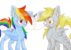 Size: 1466x1032 | Tagged: safe, artist:bbomi322, imported from derpibooru, derpy hooves, rainbow dash, pegasus, pony, derpydash, duo, female, heart, lesbian, mare, shipping, simple background, white background, wings, wings down