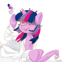 Size: 1200x1000 | Tagged: safe, artist:bbomi322, imported from derpibooru, twilight sparkle, pony, chest fluff, clothes, lab coat, messy mane, oversized clothes, raised hoof, simple background, sitting, solo, tongue out, twilight snapple, white background