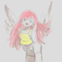Size: 2000x2000 | Tagged: safe, artist:bbomi322, imported from derpibooru, fluttershy, human, female, hands behind back, humanized, leaning, leaning forward, open mouth, sketch, solo, winged humanization, wings
