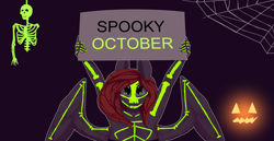 Size: 3500x1800 | Tagged: safe, artist:chapaevv, imported from derpibooru, oc, oc:noelle, anthro, bone, female, halloween, holiday, looking at you, october, sign, skeleton, solo