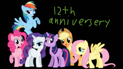 Size: 1334x745 | Tagged: safe, imported from derpibooru, applejack, fluttershy, pinkie pie, rainbow dash, rarity, twilight sparkle, earth pony, pegasus, pony, unicorn, anniversary, black background, caption, happy birthday mlp:fim, image macro, mane six, mlp fim's twelfth anniversary, simple background, text, unicorn twilight