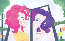 Size: 2837x1776 | Tagged: safe, artist:r-pie, imported from derpibooru, pinkie pie, rarity, human, the gift of the maud pie, beads, bedroom eyes, blushing, clothes, cute, date, digital art, duo, duo female, ear piercing, earring, eyelashes, female, grin, half body, humanized, jewelry, lantern, leaves, lesbian, looking at each other, looking at someone, looking into each others eyes, makeup, menu, necklace, nervous, paper lantern, pearl, piercing, pillar, raripie, rope, screenshot redraw, shipping, shirt, smiling, smiling at each other, sweat, sweatdrops, t-shirt, tree, wood