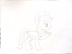 Size: 2048x1536 | Tagged: safe, artist:platinumdrop, imported from derpibooru, applejack, earth pony, pony, black and white, food, grayscale, monochrome, pie, simple background, sketch, traditional art, white background