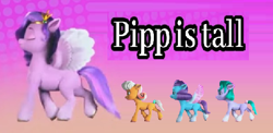 Size: 465x227 | Tagged: safe, edit, edited edit, edited screencap, imported from derpibooru, screencap, pipp petals, earth pony, pegasus, pony, unicorn, spoiler:my little pony: make your mark chapter 2, spoiler:myms01e07, abstract background, blatant lies, bow, coat markings, eyes closed, female, filly, foal, g5, glory (g5), gradient background, group, headband, hoof done it?, jewelry, mare, my little pony: make your mark, my little pony: make your mark chapter 2, peach fizz, pipp is short, pipp is tall, pippsqueak trio, pippsqueaks, quartet, regalia, seashell (g5), smiling, socks (coat markings), spread wings, sure, tail, tail bow, text, trotting, walking, where'd it go, wings