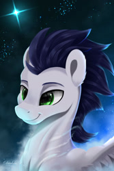 Size: 1280x1921 | Tagged: safe, artist:darksly, imported from derpibooru, soarin', pegasus, pony, bust, cloud, dark background, digital art, ear fluff, fog, light, looking back, male, portrait, simple background, smiling, sparkles, stallion, stars, stupid sexy soarin', wings