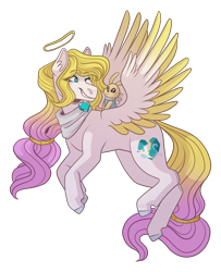 Size: 2600x3200 | Tagged: safe, artist:kikirdcz, imported from derpibooru, oc, oc only, oc:angel light, pegasus, pony, rabbit, animal, clothes, colored wings, ear fluff, eyelashes, female, full body, halo, heart, hooves, jewelry, looking back, mare, nimbus, scarf, simple background, smiling, solo, tail, transparent background, two toned wings, wings