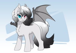 Size: 3508x2480 | Tagged: safe, artist:arctic-fox, imported from derpibooru, oc, oc only, oc:victoria ravenoth, bat pony, pony, bat pony oc, bat wings, chest fluff, digital art, ear fluff, female, full body, heterochromia, looking at you, mare, simple background, smiling, smiling at you, solo, tail, wings