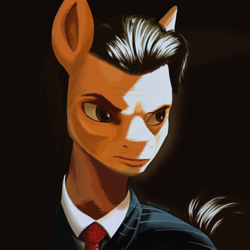 Size: 1280x1280 | Tagged: safe, artist:rollo32, imported from derpibooru, earth pony, pony, black background, brown mane, clothes, g5, male, menacing, movie, movie reference, my little pony: make your mark, patrick bateman, ponified, psycho, simple background, stallion, suit