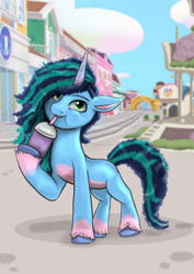 Size: 1024x1449 | Tagged: safe, artist:zsnowfilez, imported from derpibooru, pony, unicorn, bush, city, cloud, cup, eyelashes, female, flower pot, freckles, full body, g5, green eyes, hooves, horn, house, houses, mare, maretime bay, misty brightdawn, road, roof, signboard, sky, smiling, smoothie, solo, that pony sure does love smoothies, unshorn fetlocks