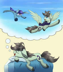 Size: 3508x3960 | Tagged: safe, artist:yudhaikeledai, imported from derpibooru, oc, oc only, oc:paradox, oc:sierra nightingale, pegasus, pony, dream, drool, flying, siblings, solo