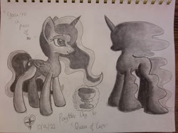 Size: 414x310 | Tagged: safe, artist:starsongdusk, imported from derpibooru, princess luna, tantabus, alicorn, date, duo, female, glass, grayscale, magic, mare, monochrome, ponytober, simple background, telekinesis, traditional art, wine glass