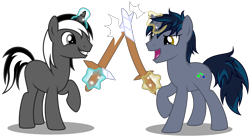 Size: 6730x3680 | Tagged: safe, artist:strategypony, imported from derpibooru, oc, oc only, oc:dark obsidian, oc:midnight slate, unicorn, brothers, duo, duo male, magic, male, playing, siblings, simple background, stallion, sword fight, telekinesis, transparent background, weapon, wooden sword