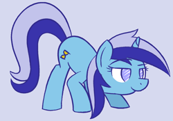 Size: 1764x1225 | Tagged: safe, artist:thematrixman, imported from derpibooru, minuette, pony, unicorn, 2016, blue background, face down ass up, female, lidded eyes, mare, old art, simple background, smiling, solo