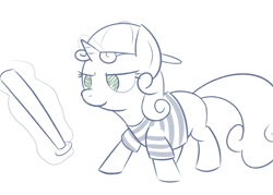 Size: 1280x917 | Tagged: safe, artist:thematrixman, imported from derpibooru, sweetie belle, pony, unicorn, baseball bat, baseball cap, cap, clothes, earthbound, female, glowing, glowing horn, hat, horn, magic, monochrome, ness, shirt, simple background, solo, telekinesis, white background