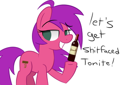 Size: 2736x1919 | Tagged: safe, artist:thematrixman, imported from derpibooru, oc, oc only, earth pony, pony, alcohol, bottle, drunk, female, go home you're drunk, grin, smiling, vulgar, wine