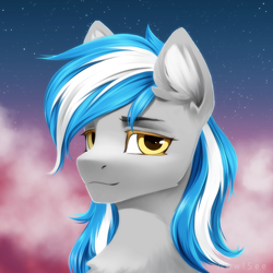 Size: 2500x2500 | Tagged: safe, artist:inowiseei, imported from derpibooru, oc, oc only, oc:antimony, pony, bust, chest fluff, cloud, digital art, ear fluff, looking at you, portrait, sky, smiling, smiling at you, solo, stars