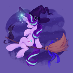 Size: 2515x2515 | Tagged: safe, artist:ls_skylight, imported from derpibooru, starlight glimmer, cat, pony, unicorn, :3, bell, bell collar, broom, chest fluff, chromatic aberration, collar, commission, crossed legs, eye clipping through hair, female, flying, flying broomstick, glowing, glowing horn, halloween, hat, high res, holiday, hoof on chest, horn, lens flare, looking at you, magic, mare, night, smiling, smiling at you, solo, tail, witch, witch hat, ych result