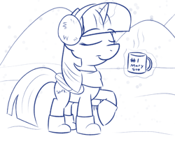 Size: 2299x1952 | Tagged: safe, artist:thematrixman, imported from derpibooru, twilight sparkle, alicorn, pony, clothes, coffee mug, earmuffs, eyes closed, female, levitation, magic, mary sue, monochrome, mug, scarf, snow, solo, telekinesis, twilight sparkle (alicorn)