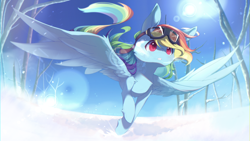 Size: 1080x607 | Tagged: safe, artist:merriie, imported from derpibooru, rainbow dash, pegasus, pony, female, flying, snow, solo, winter