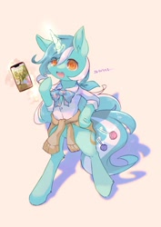 Size: 1240x1748 | Tagged: safe, artist:merriie, imported from derpibooru, lyra heartstrings, pony, unicorn, bipedal, cellphone, clothes, female, glowing, glowing horn, horn, phone, solo