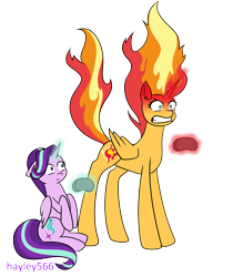 Size: 2448x2796 | Tagged: safe, artist:hayley566, imported from derpibooru, starlight glimmer, sunset shimmer, alicorn, pony, alicornified, angry, confused, controller, duo, female, fiery shimmer, fire, glowing, glowing horn, gritted teeth, horn, magic, mane of fire, race swap, shimmercorn, simple background, sitting, starlicorn, teeth, transparent background, video game