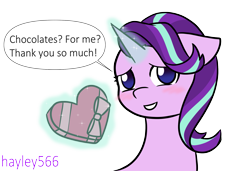 Size: 2133x1462 | Tagged: safe, artist:hayley566, imported from derpibooru, starlight glimmer, pony, blushing, bow, bowtie, chocolate, cute, female, floppy ears, food, glimmerbetes, glowing, glowing horn, heart, heart shaped box, hearts and hooves day, horn, lidded eyes, looking at you, magic, ponytober, present, simple background, smiling, solo, speech bubble, telekinesis, text, transparent background