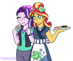 Size: 1846x1539 | Tagged: safe, artist:hayley566, imported from derpibooru, starlight glimmer, sunset shimmer, human, equestria girls, beanie, blushing, cute, duo, eating, eyes closed, female, food, hat, hug, lesbian, shimmerglimmer, shipping, simple background, smiling, sunset sushi, sushi, transparent background