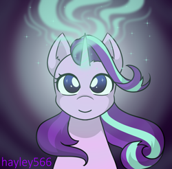 Size: 1841x1810 | Tagged: safe, artist:hayley566, imported from derpibooru, starlight glimmer, pony, unicorn, bust, dark background, digital art, ear fluff, eyelashes, female, glowing, glowing horn, horn, looking at you, magic, mare, ponytober, portrait, simple background, smiling, solo, sparkles, starry eyes, stars, wind, wingding eyes