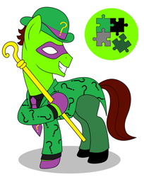 Size: 2160x2650 | Tagged: safe, artist:metal-jacket444, imported from derpibooru, earth pony, pony, batman, bowler hat, cane, clothes, cutie mark, dc comics, edward nygma, hat, mask, ponified, puzzle, puzzle pieces, riddler, simple background, solo, suit, the riddler, white background