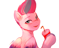Size: 2200x1800 | Tagged: safe, artist:maren, imported from derpibooru, zipp storm, pegasus, pony, drink, drinking straw, female, g5, holding, looking at you, looking back, looking back at you, mare, mohawk, solo, unshorn fetlocks