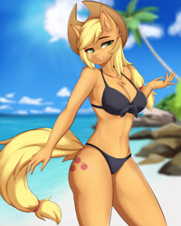 Size: 1825x2280 | Tagged: safe, artist:kironzen, imported from derpibooru, applejack, anthro, earth pony, beach, bedroom eyes, belly button, bikini, black bikini, breasts, busty applejack, clothes, cloud, cowboy hat, detailed background, digital art, female, hat, ocean, palm tree, pose, sand, shoulder fluff, sky, solo, swimsuit, thighs, tree, water, wide hips