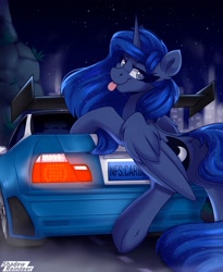 Size: 1800x2200 | Tagged: safe, artist:shadowreindeer, imported from derpibooru, princess luna, alicorn, pony, :p, bmw, bmw m3, butt, car, dock, lidded eyes, looking at you, looking back, looking back at you, need for speed, need for speed carbon, night, plot, raspberry, smiling, solo, tail, tongue out, underhoof