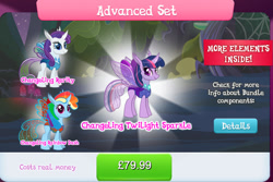 Size: 1284x856 | Tagged: safe, imported from derpibooru, rainbow dash, rarity, twilight sparkle, changedling, changeling, bundle, changedlingified, changelingified, costs real money, crack is cheaper, english, gameloft, group, horn, insect wings, my little pony: magic princess, numbers, official, species swap, text, wings
