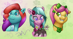 Size: 2800x1514 | Tagged: safe, artist:swasfews, imported from derpibooru, earth pony, pony, spoiler:g5, spoiler:my little pony: tell your tale, spoiler:tyts01e05, clothes, cute, dahlia, female, flower, flower in hair, g5, jazz hooves, jewelry, mane melody, my little pony: tell your tale, necklace, ponytail, posey bloom, scarf, smiling, trio