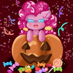 Size: 1280x1280 | Tagged: safe, artist:niveria25, imported from derpibooru, pinkie pie, earth pony, pony, candy, female, food, halloween, holiday, jack-o-lantern, pumpkin, solo