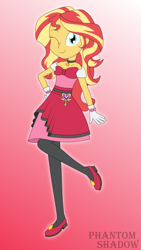 Size: 2700x4800 | Tagged: safe, artist:phantomshadow051, imported from derpibooru, sunset shimmer, human, equestria girls, clothes, clothes swap, crossover, female, gradient background, one eye closed, pokémon, serena (pokémon), smiling, solo, wink
