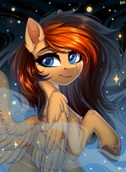 Size: 2200x3000 | Tagged: safe, artist:hakaina, imported from derpibooru, oc, oc only, oc:aerion featherquill, pegasus, pony, chest fluff, commission, ear fluff, female, fog, hoof fluff, looking at you, looking back, mare, mist, night, pale belly, raised hoof, slim, solo, spread wings, underhoof, wings, ych result
