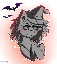 Size: 1500x1700 | Tagged: safe, artist:yuris, imported from derpibooru, oc, oc only, bat, pony, blushing, commission, ears up, halloween, hat, holiday, smiling, solo, witch hat, ych sketch