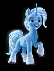 Size: 1536x2048 | Tagged: safe, artist:rollo32, imported from derpibooru, trixie, pony, unicorn, black background, blue pony, female, g4, g4 to g5, g5, generation leap, great and powerful, mare, my little pony: make your mark, open mouth, simple background, solo, unshorn fetlocks