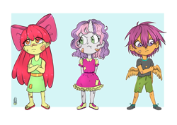 Size: 2039x1446 | Tagged: safe, artist:natt333, imported from derpibooru, apple bloom, scootaloo, sweetie belle, human, :t, angry, bandaid, bandaid on nose, bruised, chibi, clothes, cutie mark crusaders, dress, female, horn, horned humanization, humanized, pony coloring, pouting, sandals, shirt, shorts, t-shirt, torn clothes, trio, trio female, winged humanization, wings