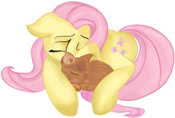 Size: 1024x691 | Tagged: safe, artist:starsongdusk, imported from derpibooru, fluttershy, cat, pegasus, pony, curled up, cute, duo, eyes closed, female, floppy ears, lying down, mare, prone, raised hoof, shyabetes, simple background, sleeping, stray (game), teary eyes, transparent background