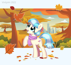 Size: 1112x1012 | Tagged: safe, artist:vinilyart, imported from derpibooru, coco pommel, earth pony, pony, autumn, autumn leaves, city, cityscape, clothes, cocobetes, cute, female, leaves, mare, open mouth, open smile, park, raised hoof, scarf, smiling, solo, tree