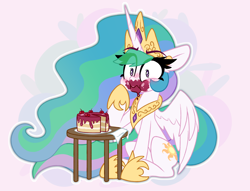 Size: 2542x1940 | Tagged: safe, artist:nekro-led, imported from derpibooru, princess celestia, alicorn, pony, abstract background, blushing, cake, cakelestia, crown, cute, cutelestia, eye clipping through hair, female, food, jewelry, mare, ponytober, puffy cheeks, regalia, surprised, table, that pony sure does love cakes, wavy mouth, wings