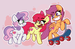 Size: 2814x1854 | Tagged: safe, artist:nekro-led, imported from derpibooru, apple bloom, scootaloo, sweetie belle, earth pony, pegasus, pony, unicorn, abstract background, apple bloom's bow, bow, cute, cutie mark crusaders, eye clipping through hair, eyebrows, eyebrows visible through hair, female, filly, foal, gritted teeth, hair bow, looking at each other, looking at someone, open mouth, outline, ribbon, scooter, smiling, spread wings, teeth, the cmc's cutie marks, trio, white outline, wings