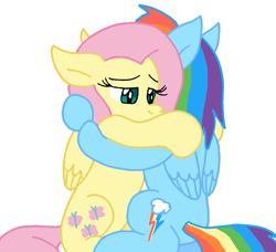 Size: 871x794 | Tagged: safe, artist:cmara, imported from derpibooru, fluttershy, rainbow dash, pegasus, pony, comforting, duo, female, floppy ears, folded wings, hug, mare, simple background, sitting, white background, wings