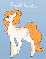 Size: 932x1188 | Tagged: safe, artist:greenarsonist, imported from derpibooru, oc, oc only, oc:marigold feverfew, earth pony, pony, curly mane, curly tail, earth pony oc, hair bun, makeup, solo, tail