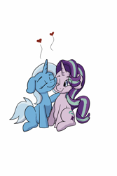 Size: 2000x3000 | Tagged: safe, artist:chedx, imported from derpibooru, starlight glimmer, trixie, pony, unicorn, couple, eye clipping through hair, eyes closed, female, floppy ears, happy, heart, hearts and hooves day, hug, lesbian, one eye closed, ponytober, shipping, simple background, smiling, startrix, white background