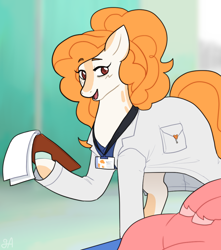 Size: 1034x1170 | Tagged: safe, artist:greenarsonist, imported from derpibooru, oc, oc only, oc:marigold feverfew, earth pony, pony, clothes, coat, curly mane, curly tail, doctor, earth pony oc, lying down, ponytail, tail